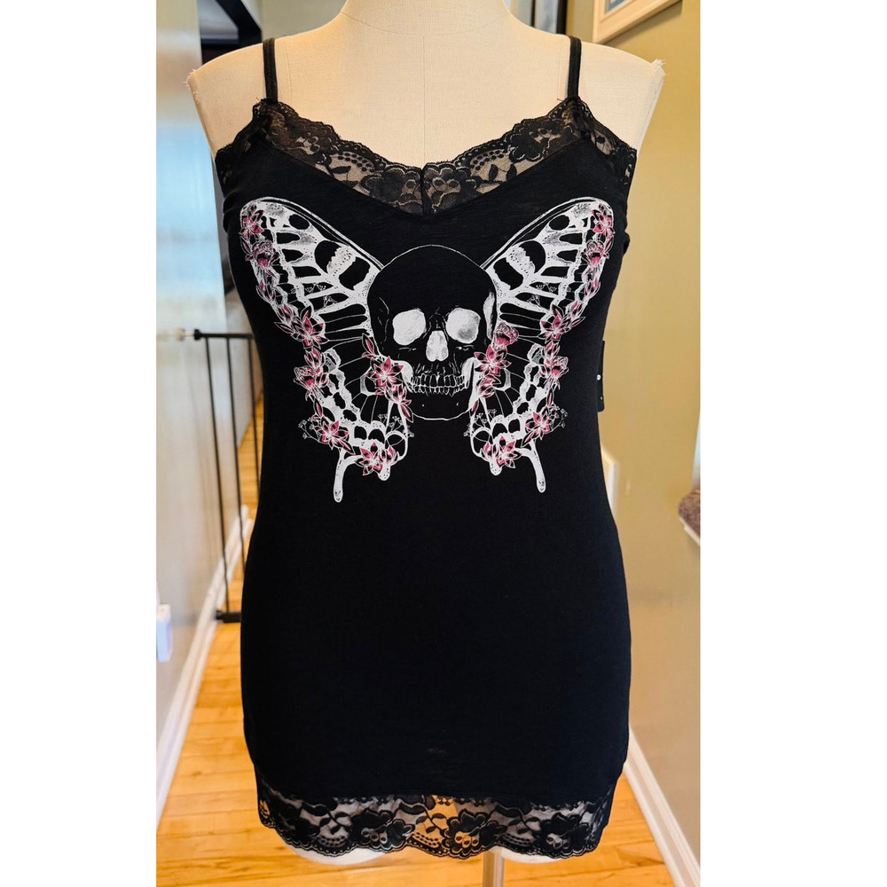 Torrid 6 (6X 30) New Skull Butterfly Tattoo Punk Gothic Lace Trim Cami‎ Tank Top